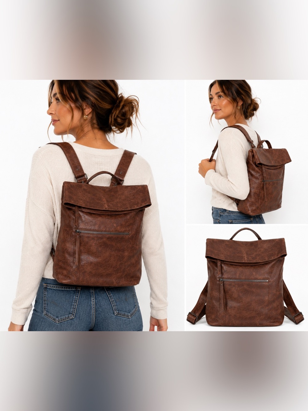 Urban Expressions Brown Vegan Leather slouchy Backpack Purse Boho Bag Secure